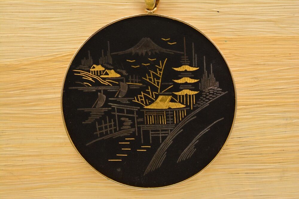Amita Vintage Damascene Necklace Brushed Gold Painted Asian Black Signed BinI